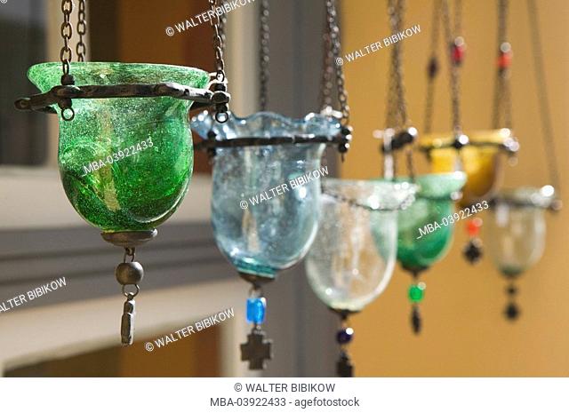 Tea-lights, glass, colorfully, hangs, Greece, Manolates, souvenirs, handicraft, selection, hand-made, tea-light-holders, mouth-blown wind-lights, differently