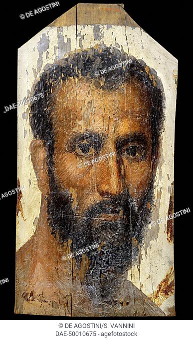 Portrait of an athlete, encaustic painting on wood, from Hawara. Egyptian Civilisation, Roman Empire, 2nd century.  Cairo, Egyptian Museum