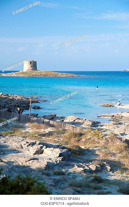 La Pelosetta Beach and La Pelosa Tower, Stintino, North Sardinia, Italy, Europe