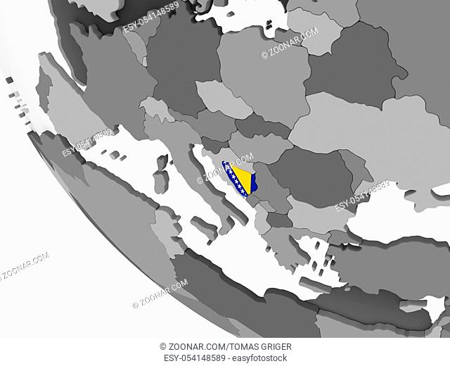 Bosnia and Herzegovina on gray political globe with embedded flag. 3D illustration