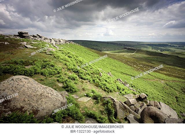 Hathersage Moor, view from Higger Tor towards Carl Wark, Derbyshire, England, United Kingdom, Europe