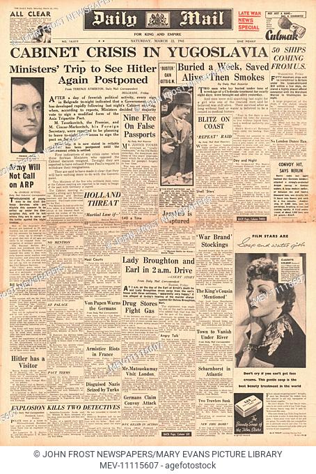 1941 front page Daily Mail Cabinet Crisis in Yugoslavia