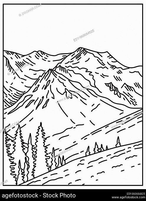 Mono line illustration of summit of glacier-clad Mount Olympus in Olympic National Park located in Washington State, United States of America done in retro...