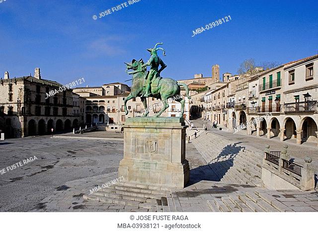 spain, Extremadura, Trujillo, Pizarro monument, destination, sight, city, city center, place, city-place, houses, buildings, architecture, monument, statue