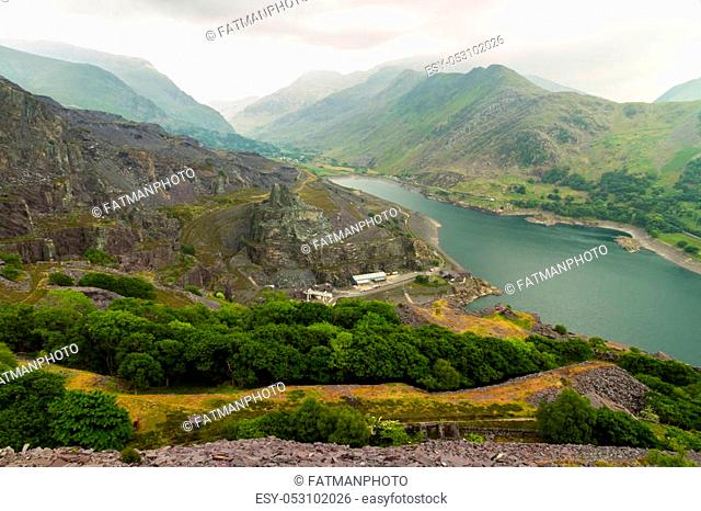 View from upper Dinorwig Slate Quarry over Llyn Padarn, Llanberis and the Nant Peris pass
