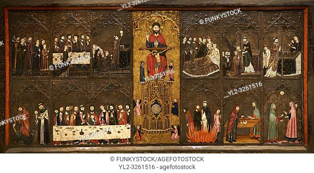 Gothic painted Altarpiece of the Corpus Christi by Master of Vallbona de les Monges possibly Guillem Seguer. Tempera, stucco reliefs