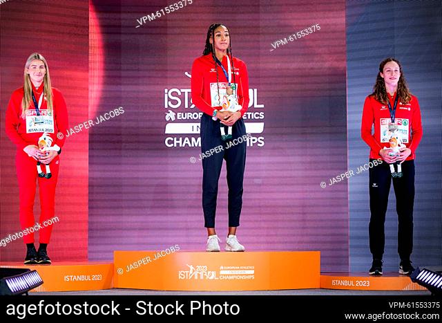 Poland's Adrianna Sulek, Belgian Nafissatou Nafi Thiam and Belgian Noor Vidts pictured on the podium ceremony of the women's pentathlon competition at the 37th...