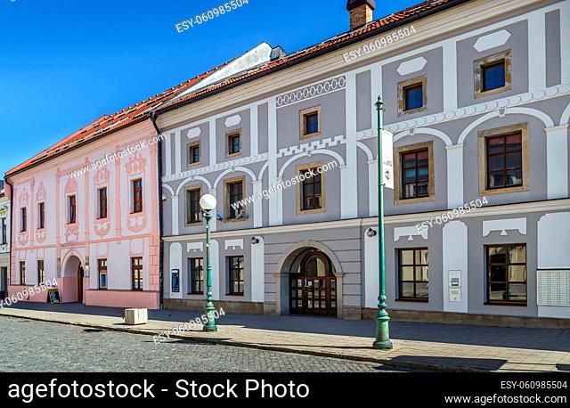 Street with historical houses in Kezmarok old town, Slovakia