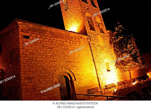 Santa Maria church at night, Castellar de n'Hug, Catalonia, Spain