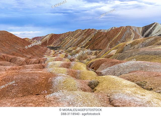 Eroded hills of sedimentary conglomerate and sandstone, . Unesco World Heritage, Zhangye, China