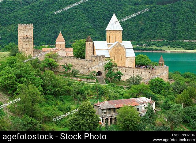 ANANURI, GEORGIA - JUNE 30, 2014: Panorama of Fortress Ananuri on June 30, 2014. The fortress is one of the sights along the Georgian Military Road, Georgia