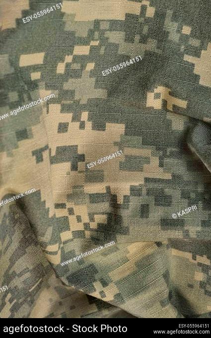 Universal camouflage pattern, army combat uniform digital camo, USA military ACU macro closeup, detailed large rip-stop fabric texture background, crumpled