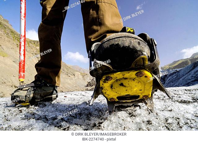 Hiking boots with crampons, hike, Svinafellsjoekull glacier tongue, Skaftafell National Park, Austurland, eastern Iceland, Iceland, Europe