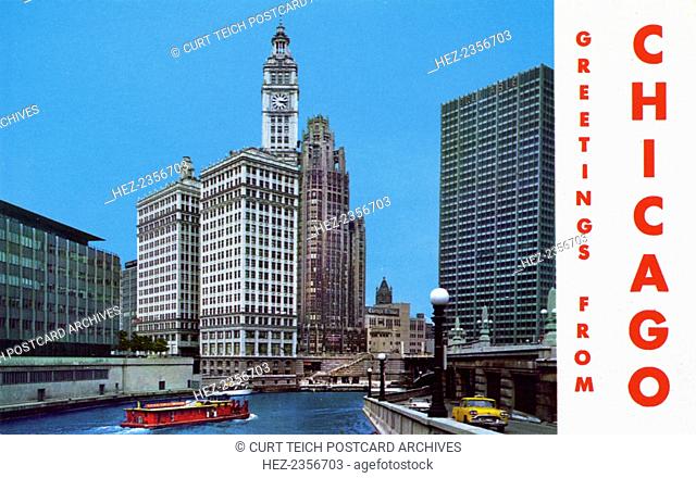 'Greetings from Chicago', postcard, 1965. View of the Times-Daily News Building, Wrigley Building, Tribune Tower and Equitable Building from the Chicago River