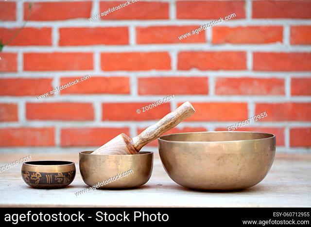 Ancient hand crafted traditional Tibetan meditation and healing singing bowls made from 7 sacred metals which are typical accessories used in buddhism