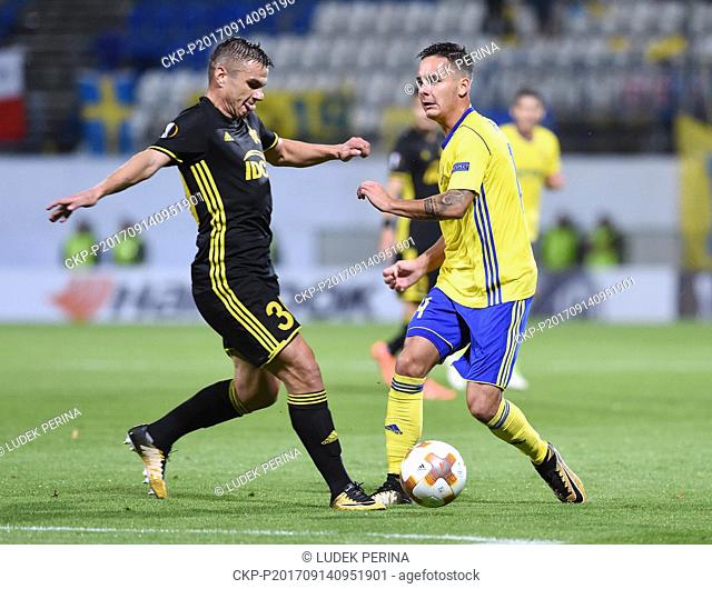 From left JOSIP BREZOVEC of Tiraspol and DANIEL HOLZER of Zlin in action during the Football Europa League 1st round group F match: Fastav Zlin vs Sheriff...