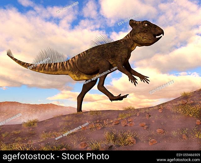 Archaeoceratops dinosaur walking in the desert by day - 3D render