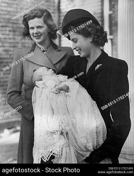 A charming study of H.R.H. Princess Elizabeth holding baby Rosemary Elizabeth, with the baby's mother, the Hon. Mrs. Andrew Elphinstone