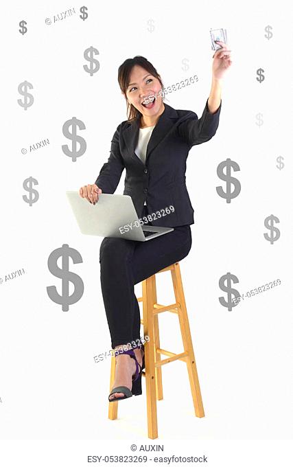 Successful businesswoman smile and very happy because got money from success new project on white dollar background