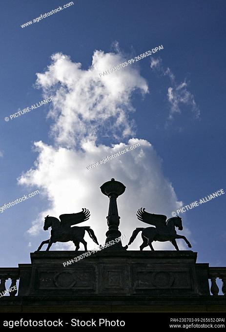 02 July 2023, Brandenburg, Potsdam: The Pegasus Plateau at the Belvedere on the Pfingstberg. The Belvedere Palace was built by Friedrich Wilhelm IV in 1847-1863...