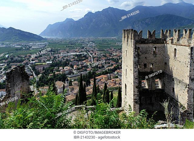 Castle ruins in Arco, Lake Garda at back, Trento Province, Trentino, northern Italy, Europe