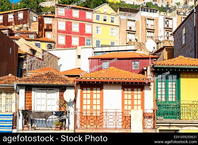 Typical old townhouses of Portuguese architectural style in the hillside of the Miragaia district of Porto