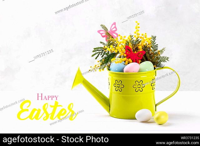 Colorful Easter eggs and mimosa flowers in decorative watering can on white wooden background copy space