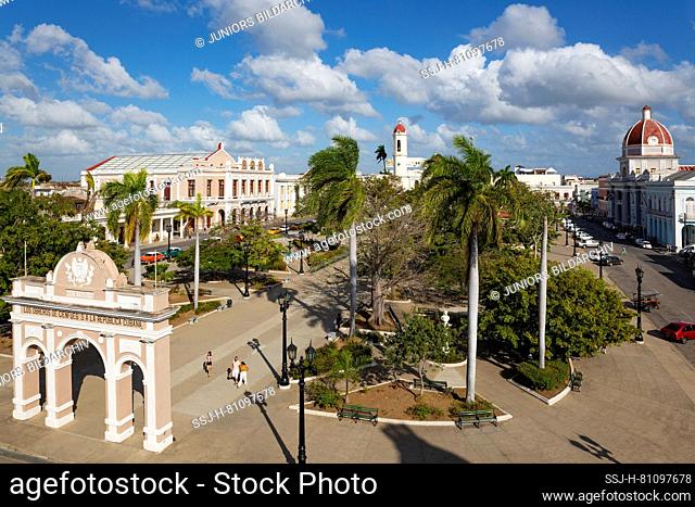 Porticoed Neoclassical buildings frame the Parque JosÃ© MartÃ­, Cienfuegos, Cuba