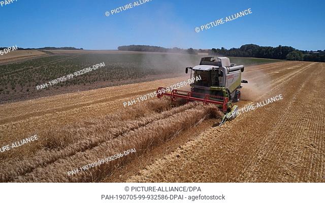04 July 2019, Rhineland-Palatinate, Münstermaifeld: A combine harvester drives over a wheat field (aerial photograph with a drone)
