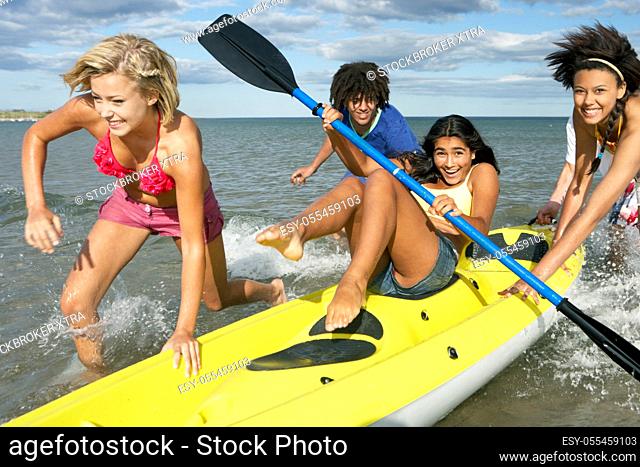 teenager, fun, happiness, summer, friends, kayak, clique