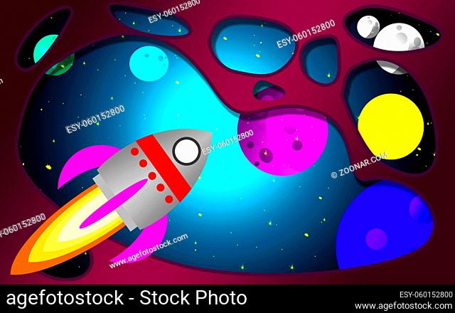 Rocket and planets in outer space, 3D rendering