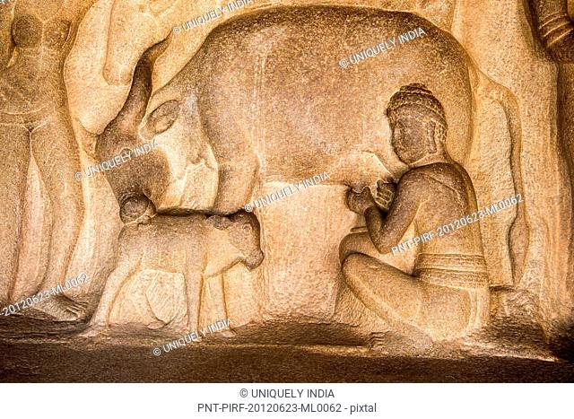 Detail of carving in Krishna Mandapa rock cut temple, Mahabalipuram, Kanchipuram District, Tamil Nadu, India