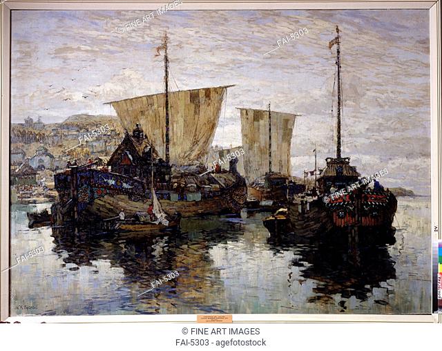 Boats. Novgorod the Great. Gorbatov, Konstantin Ivanovich (1876-1945). Oil on canvas. Russian Painting, End of 19th - Early 20th cen. . 1912
