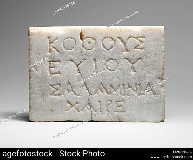 Inscribed marble plaque. Period: Early Imperial; Date: 1st century A.D; Culture: Roman, Cypriot; Medium: Marble; Dimensions: Overall: 5 3/4 x 7 7/8 x 1 11/16 in