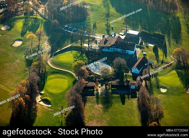 Aerial shots, to Gelstern golf club, restaurant Sasha Heitfeld GC Gastro, Driving Range, bunker, Green, golfers, golf course, club home, embankment hedges
