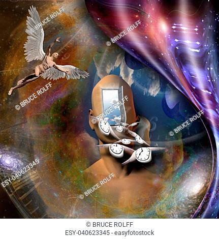 Surrealism. Man's head with opened door to another world. Naked man with wings represents angel. Winged clocks symbolizes flow of time. Warped space