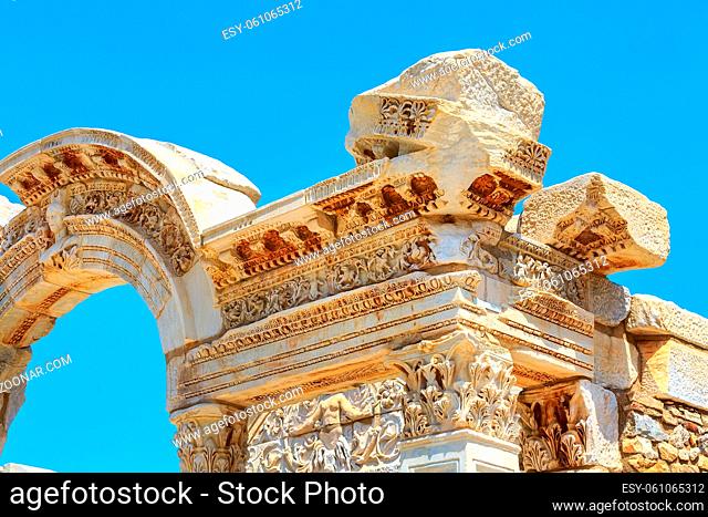 Temple of hadrian old ruins close-up details view in Ephesus, Efes, Turkey