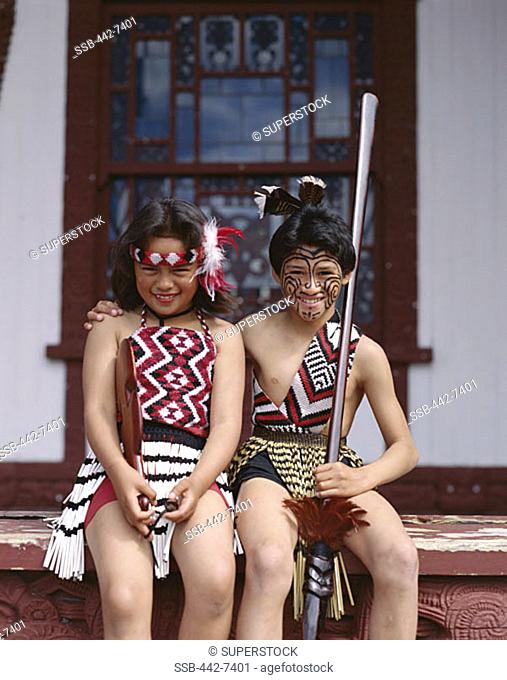 Young Maori Girl and Boy Dressed in Traditional Maori Dress, Rotorua, North Island, New Zealand