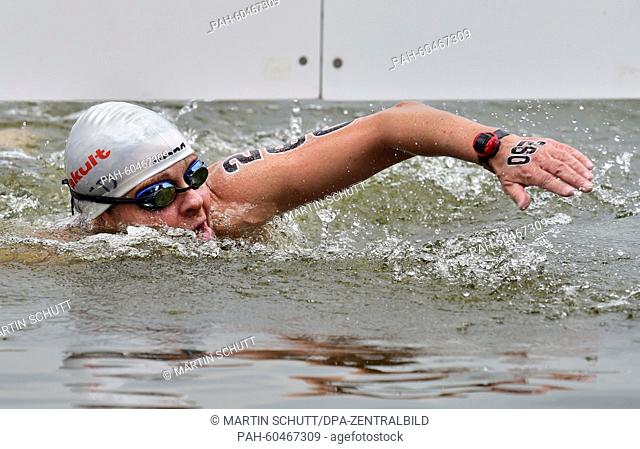 Bronze medallist Angela Maurer of Germany swims during the Women's 25 km Marathon Open Water event of the 16th FINA Swimming World Championships at Kazanka...