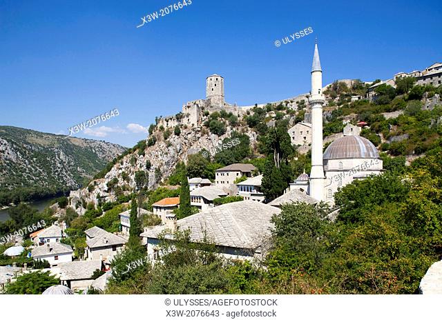 mosque and gavrankapetan tower, pocitelj, ancient town and neretva river, bosnia and herzegovina, europe