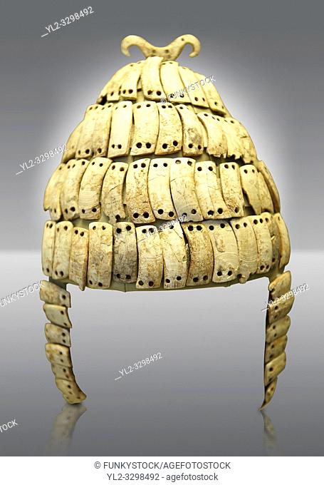 Boar's tusk helmet with cheek guards and double bone hook on top. Tomb 515 Mycenae, Greece. 14th-15th century BC. National Archaeological Museum, Athens