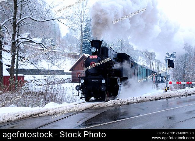 St. Nicholas, devils and angels ride by steam locomotive 423.094 in Jilemnice, Czech Republic, December 9, 2023. (CTK Photo/Martin Hurin)