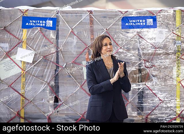 United States Vice President Kamala Harris prepares to speak on Operation Fly Formula in front pallets of Kendamil infant formula delivered on a United Airlines...