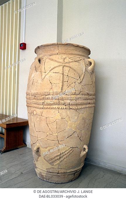 Pithos decorated with Labrys, double axe, Crete, Greece.  Sitia, Archaeological Museum