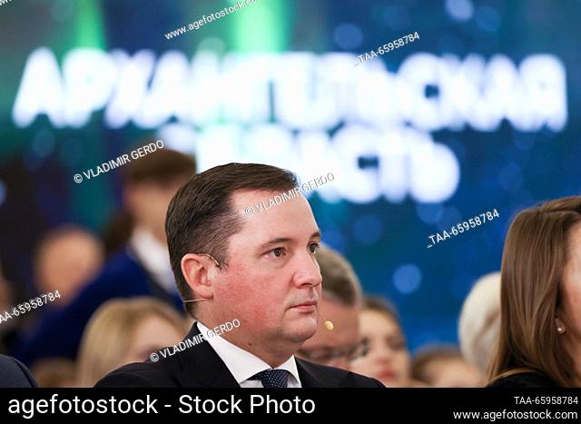RUSSIA, MOSCOW - DECEMBER 21, 2023: Arkhangelsk Region Governor Alexander Tsybulsky attends the opening of Arkhangelsk Region Day during the Russia Expo...