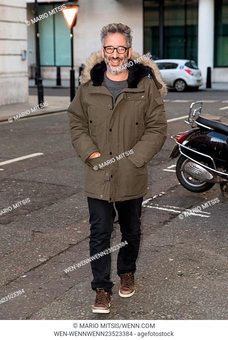 David Baddiel pictured arriving at the Radio 2 studio Featuring: David Baddiel Where: London, United Kingdom When: 19 Feb 2016 Credit: Mario Mitsis/WENN