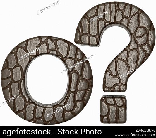 Alligator skin font query mark and O lowercase letter isolated on white