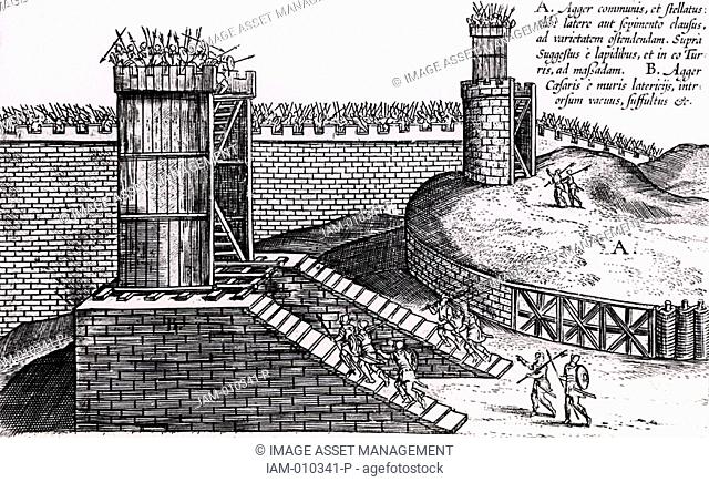 Roman siege towers positioned to give attackers the advantage of height above the city walls  From 'Poliorceticon sive de machinis tormentis telis' by Justus...
