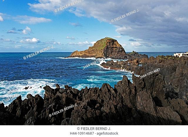 Europe, Portugal, Republica Portuguesa, Madeira, Porto Moniz, bath, sea water pool, rock, cliff, surf, panorama, water, sea, rock, cliff, place of interest
