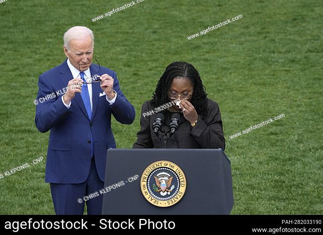 Judge Ketanji Brown Jackson sheds a tear as she delivers remarks commemorating her historic, bipartisan US Senate confirmation of Judge Jackson to be an...